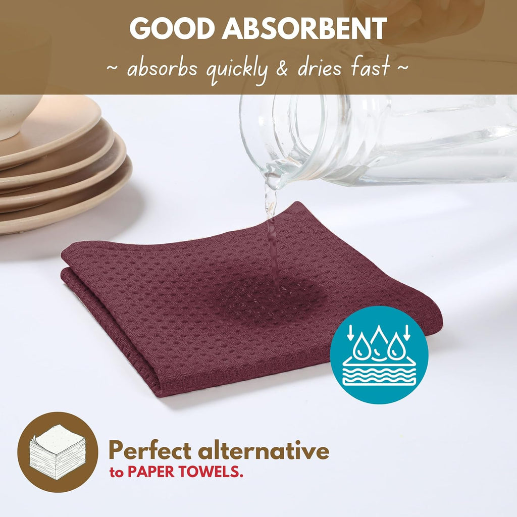 Native Fab Waffle 12 Pack Dish Cloths - 100% Cotton, Absorbent, Quick Dry, Washable Towels for Cleaning, Cooking & Drying Dishes - Perfect for Home, Restaurants, Bars, Cafes - 12"x12" - Burgundy
