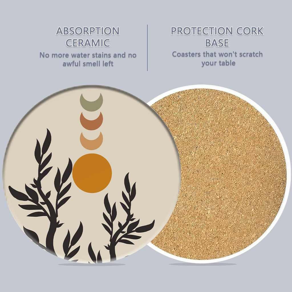 Drink Coasters Set of 6 with Holder, Abstract Boho Sun Leaves Absorbent Ceramic Coasters with Cork Base,Fit All Cups,Great Gift for Housewarming,Room Decor,Bar,Holiday Party