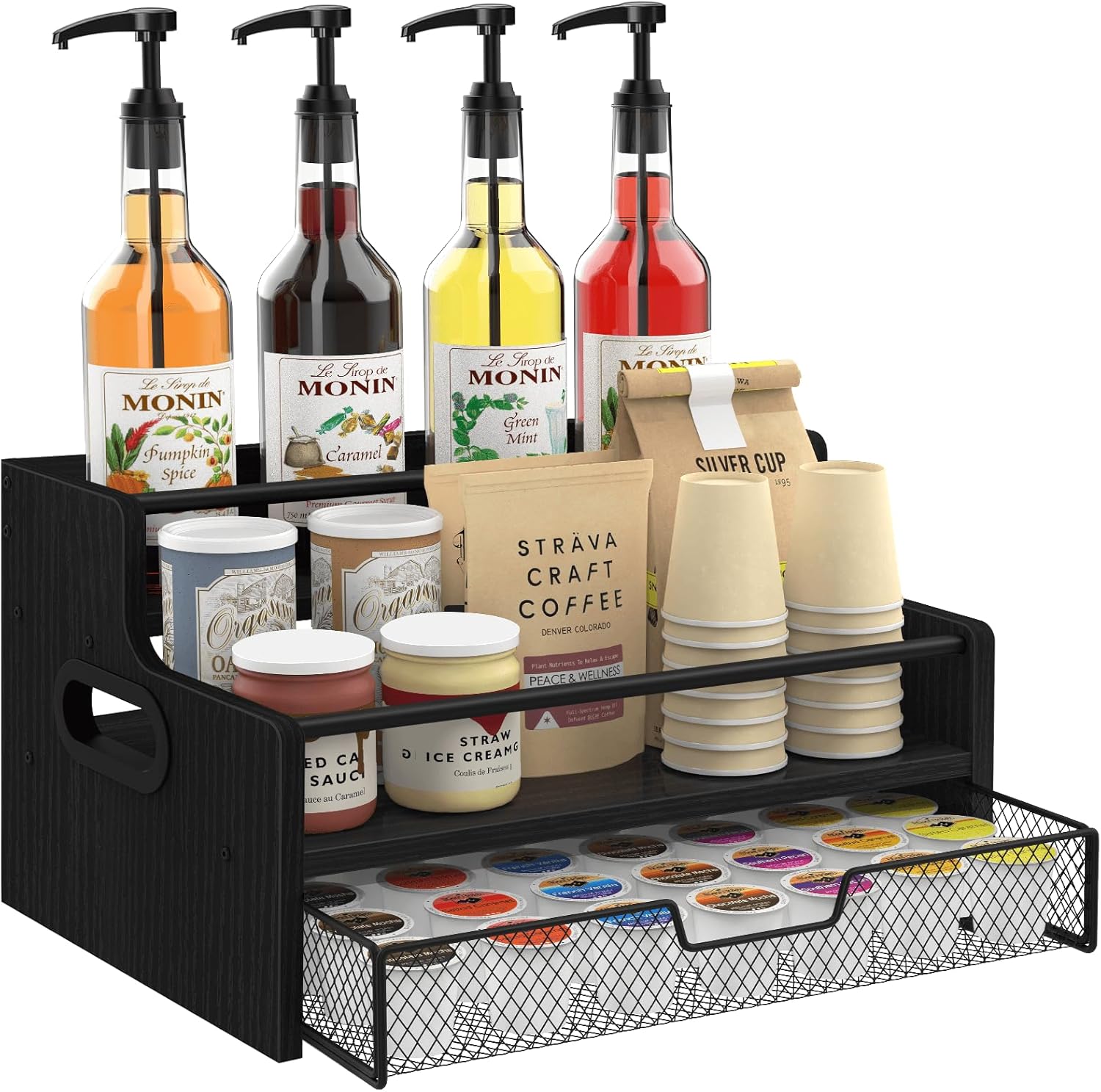 Homode 3-Tier Coffee Bar Organizer, 8 Bottle Syrup Stand with 35 Coffee Pod Storage Drawer, Rustic Wood & Metal Countertop Liquor Bottle Holder for Kitchen, Black