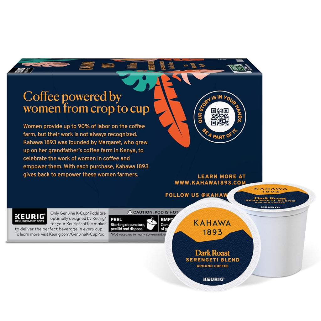 Kahawa 1893 Dark Roast Coffee K-Cup Pods Serengeti Blend (60 Count) - As Seen on Shark Tank, Low Acid, High Antioxidants, Naturally Sweet, Organically Grown, Ethically & Sustainably Sourced