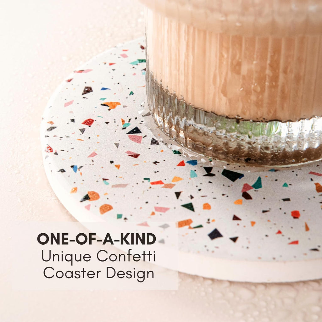 Absorbent Coaster Set of 6 with Holder, Drink Coasters for Coffee Table, Kitchen, Home Decor, Cute Ceramic Round Coasters, Alternative to Silicone, Cork or Glass Coaster (Confetti with Black Holder)