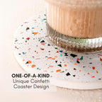 Absorbent Coaster Set of 6 with Holder, Drink Coasters for Coffee Table, Kitchen, Home Decor, Cute Ceramic Round Coasters, Alternative to Silicone, Cork or Glass Coaster (Confetti with Black Holder)