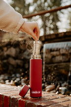 London Sip Multi-Purpose Travel Mug and Tumbler Fruit Infused Flask Hot and Cold Double Wall Stainless Steel Thermos with Extra-Long Infuser, Sacred Red