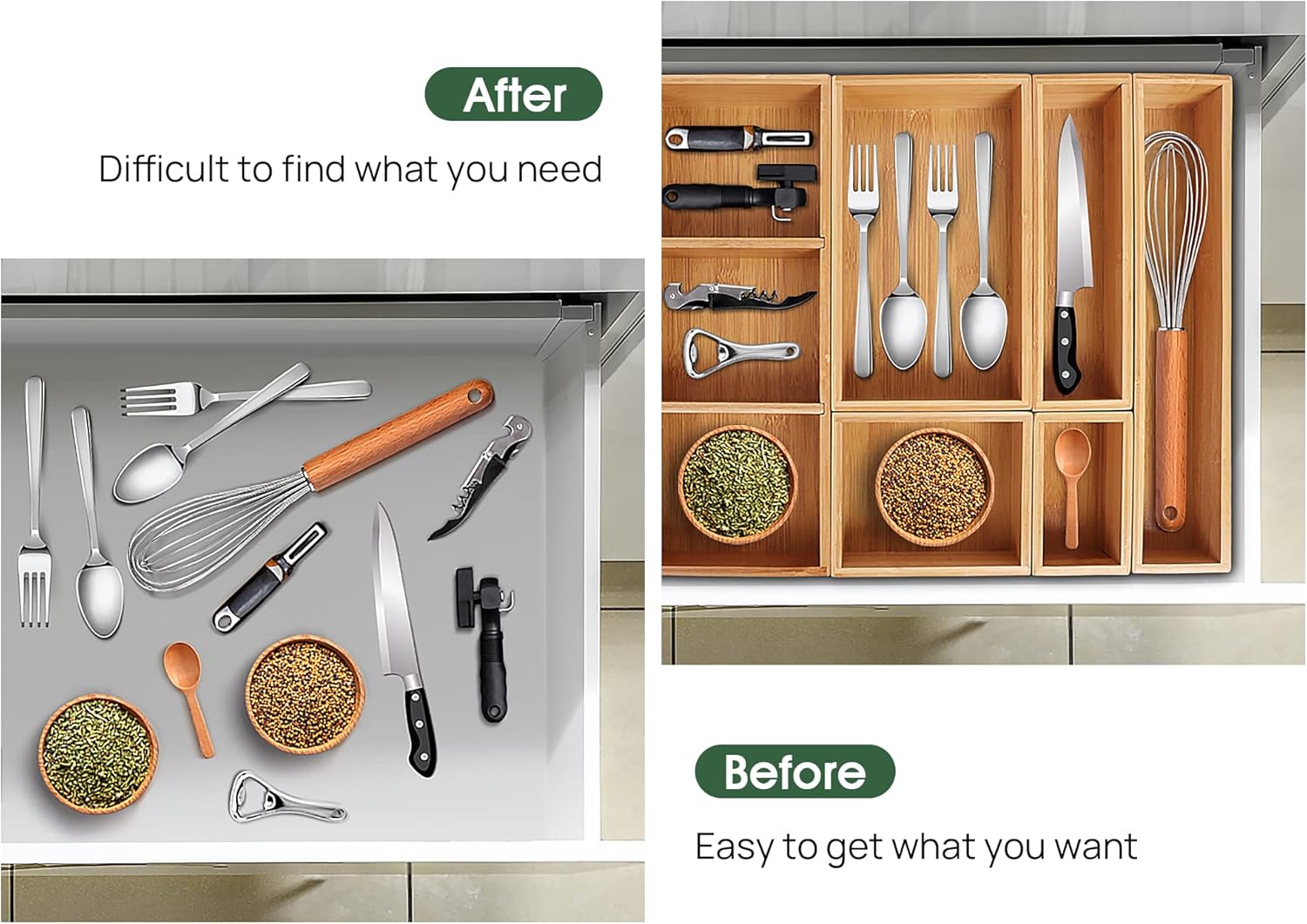 Kootek Bamboo Drawer Organizer with Removable Dividers, 6 Pcs Adjustable Kitchen Drawer Organizer Utensils Bamboo Organizers Silverware Storage Box Cutlery Tray Multi-Use for Bathroom, Makeup, Office