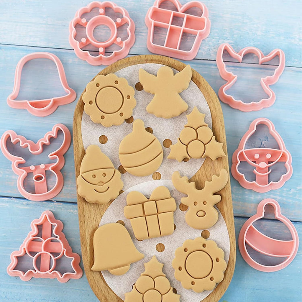 8Pcs Christmas Cookie Cutters, 3D Cookie Cutter Set, Snowman Deer Gift Cutters Cake Baking Fondant Embosser Stamps Christmas Party DIY Cake Decorating Tools