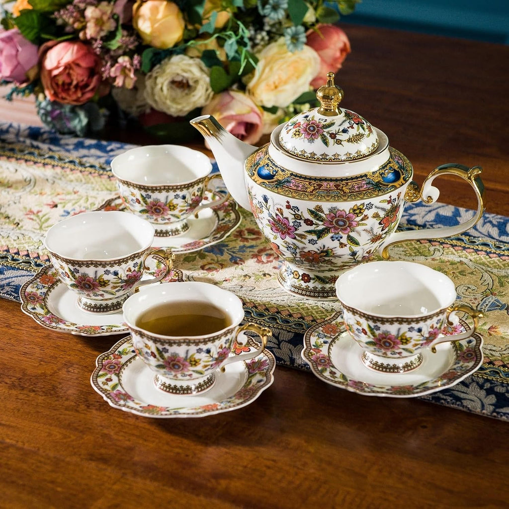 ACMLIFE Fine Bone China Tea Set, British Vintage China Set for Adults 24K Gold, Afternoon Cups and Saucers for Women Tea Party or Gift Giving (Pink and Gold)