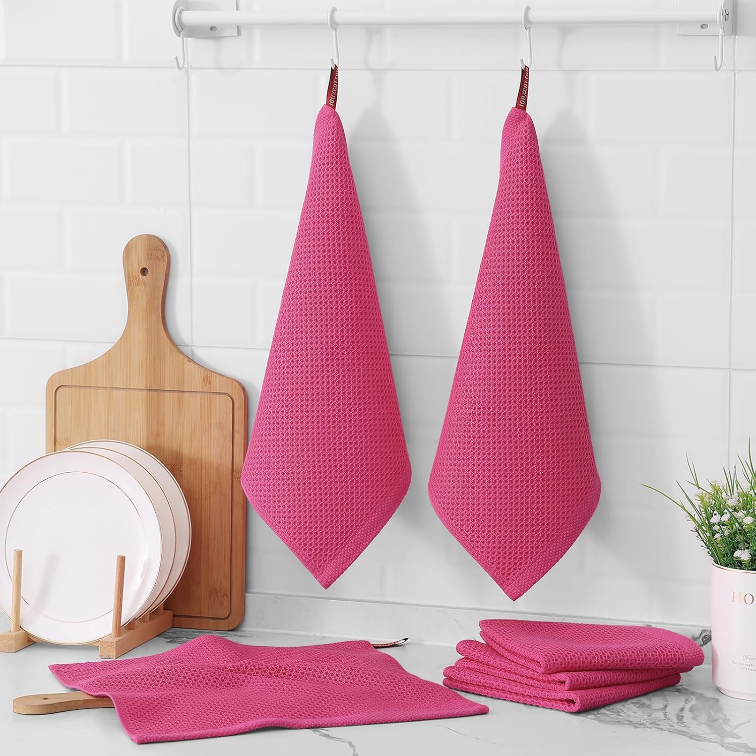 Kitinjoy 100% Cotton Kitchen Dish Cloths, 8 Pack Waffle Weave Ultra Soft Absorbent Dish Towels for Drying Dishes Quick Drying Kitchen Towels Dish Rags, 12 X 12 Inches, Hot Pink