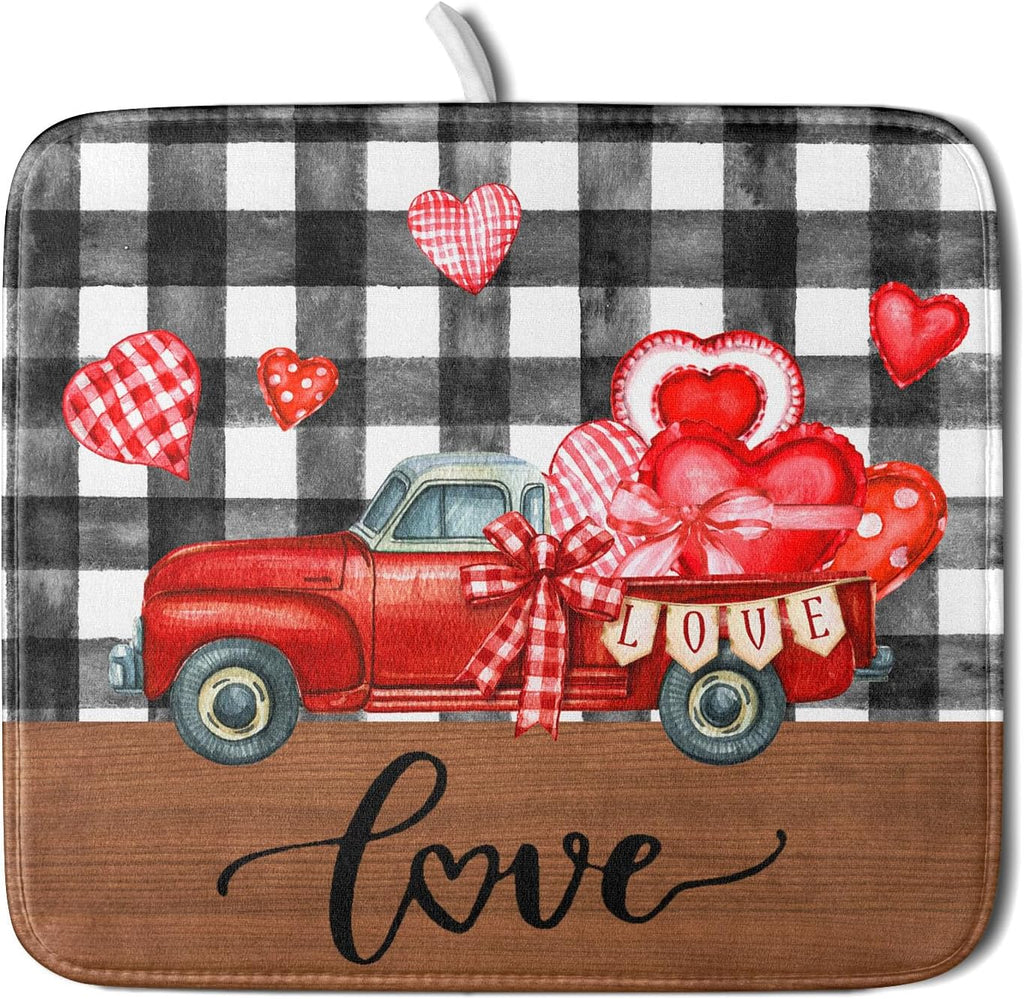 Valentine's Day Red Heart Truck Dish Drying Mat for Kitchen Counter,Black White Buffalo Plaid Love Drying Mat 16 x 18 Inch with Absorbent Reversible Microfiber Dish Drying Pad for Coffee Bar