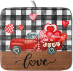 Valentine's Day Red Heart Truck Dish Drying Mat for Kitchen Counter,Black White Buffalo Plaid Love Drying Mat 16 x 18 Inch with Absorbent Reversible Microfiber Dish Drying Pad for Coffee Bar
