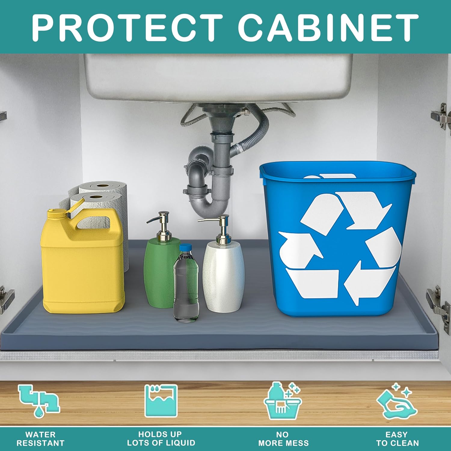 URMONA Waterproof Silicone Under Sink Mat 22'' x 19'' Shelf Liner for Kitchen and Bathroom, Cabinet and Counter Protector, Storage and Organizers, Litter Mat, Pet Cat Puppy Essentials(Light Grey)