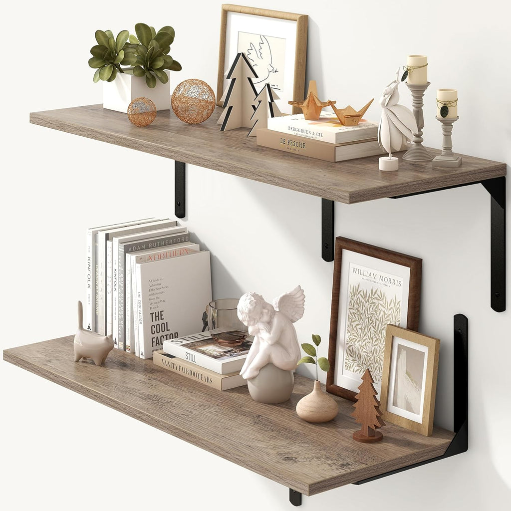 Fun Memories Floating Shelves for Wall, 12 Inch Deep Floating Shelves Set of 2, Wall Mounted Shelf with Metal Brackets, Rustic Wood Wide Shelf for Bathroom, Kitchen and Living Room, Grey, 36W x 12D