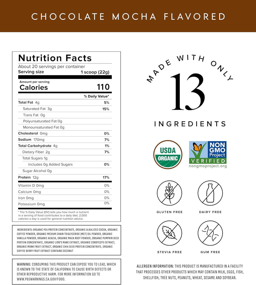 Truvani Protein + Energy Drink Mix with 87mg Caffeine | Chocolate Mocha | 12g Organic Plant Based Protein | 20 Servings | USDA Organic Coffee Powder & Adaptogens | Gluten & Dairy Free | Vegan
