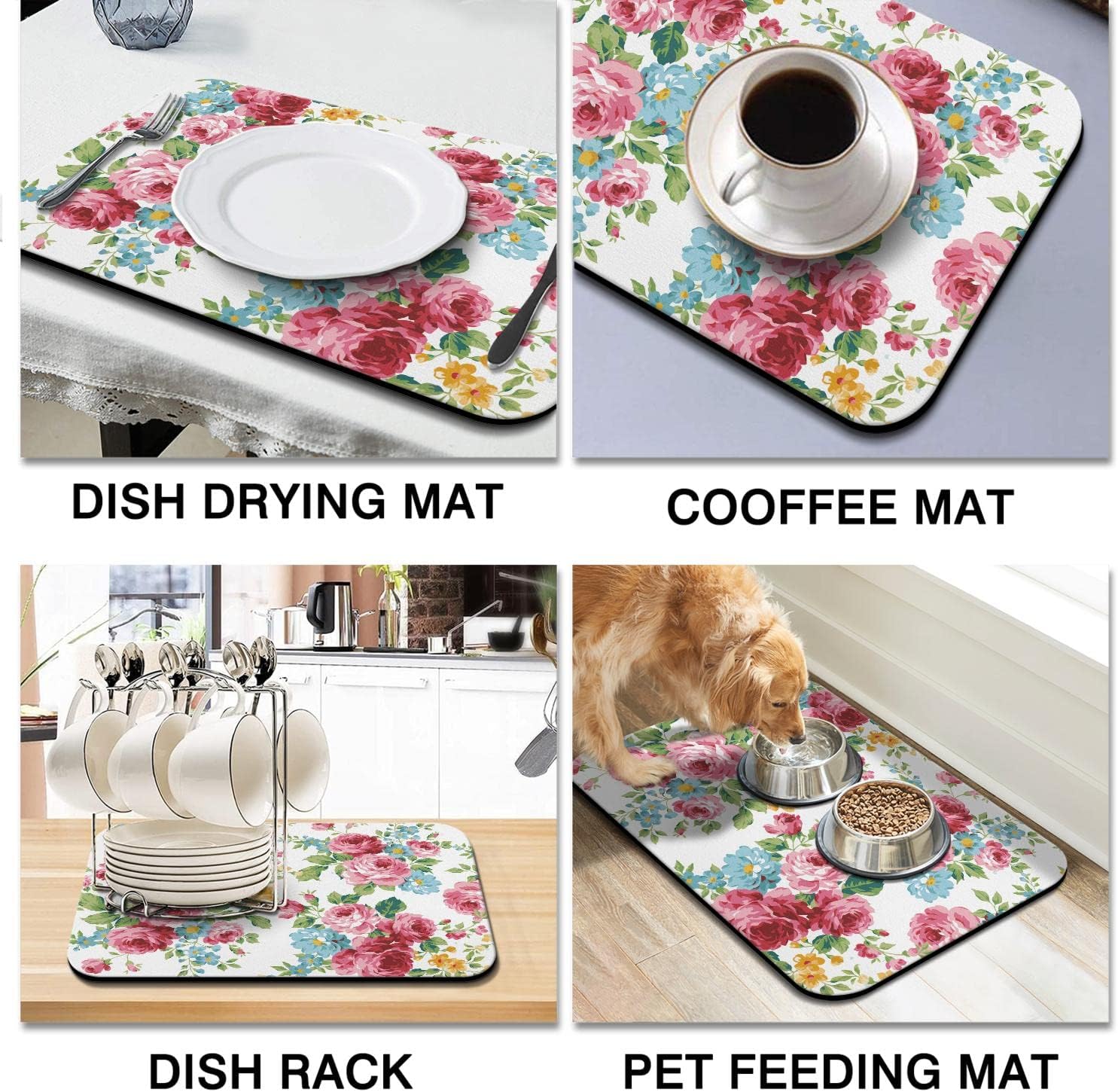 Rubber Dish Drying Mat for Kitchen Counter Large Pink Red Roses Floral Washable Quick Home Coffee Pad Fit Under Sink,Bar,Utensils 18x24in