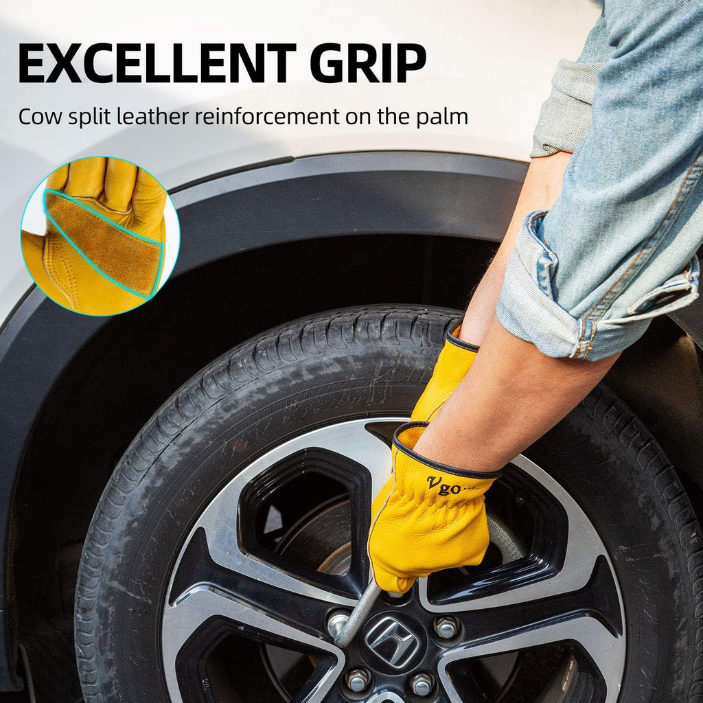 Vgo... 1-Pair Unlined Cow Grain Leather Work and Driver Gloves with Cow Split Leather Palm Patch (Size M, Gold,CA9590)