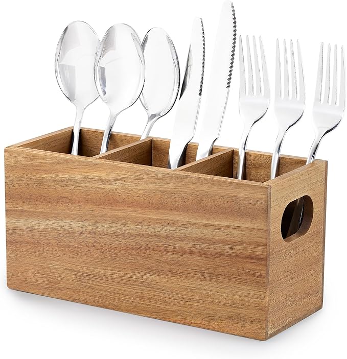 Acacia Wooden Silverware Holder,Kitchen Utensil Caddy with 3 Compartments,Cutlery Storage Organizer Countertop,Flatware Organizer for Party,Spoon, Fork Holder