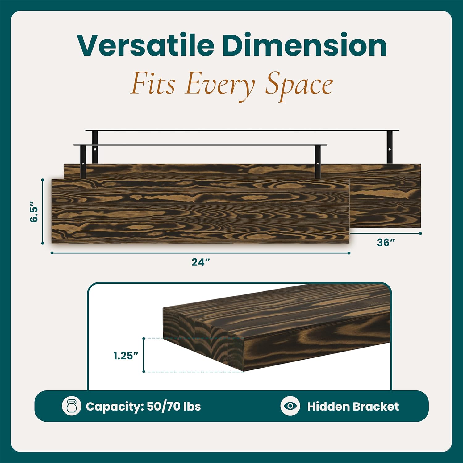 24'' Pine Wood Floating Shelves for Wall- Set of 2 - Rustic Wall Mounted Wooden Shelf for Stylish Home Décor (Dark Brown, 24x6.5x1.25), 2pcs