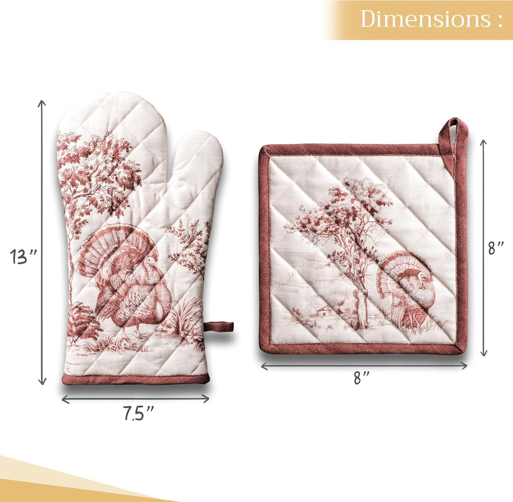 Maison d' Hermine 100% Cotton Oven Mitt & Pot Holder Set (7.5"x13" & 8"x8") Heat Resistant BBQ Cooking Gloves with Loop, Baking, Grilling, Kitchen, Handling Hot Pans (Holy Jouy - Brown)