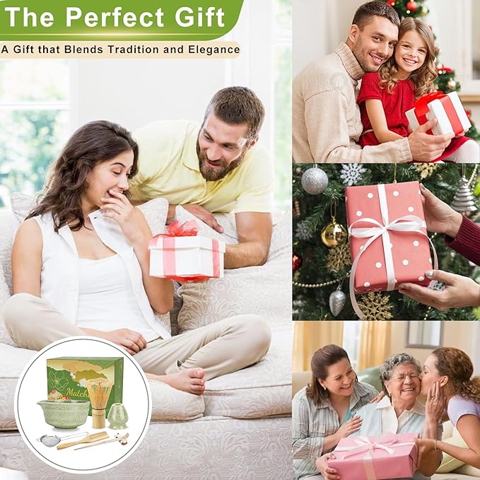 7 Pcs Matcha Whisk Set with Ceramic Bowl, Whisk, Holder, Bamboo Scoop, Sifter, Spoon and Holder, Matcha Kit for Matcha Lover (Matcha Green)