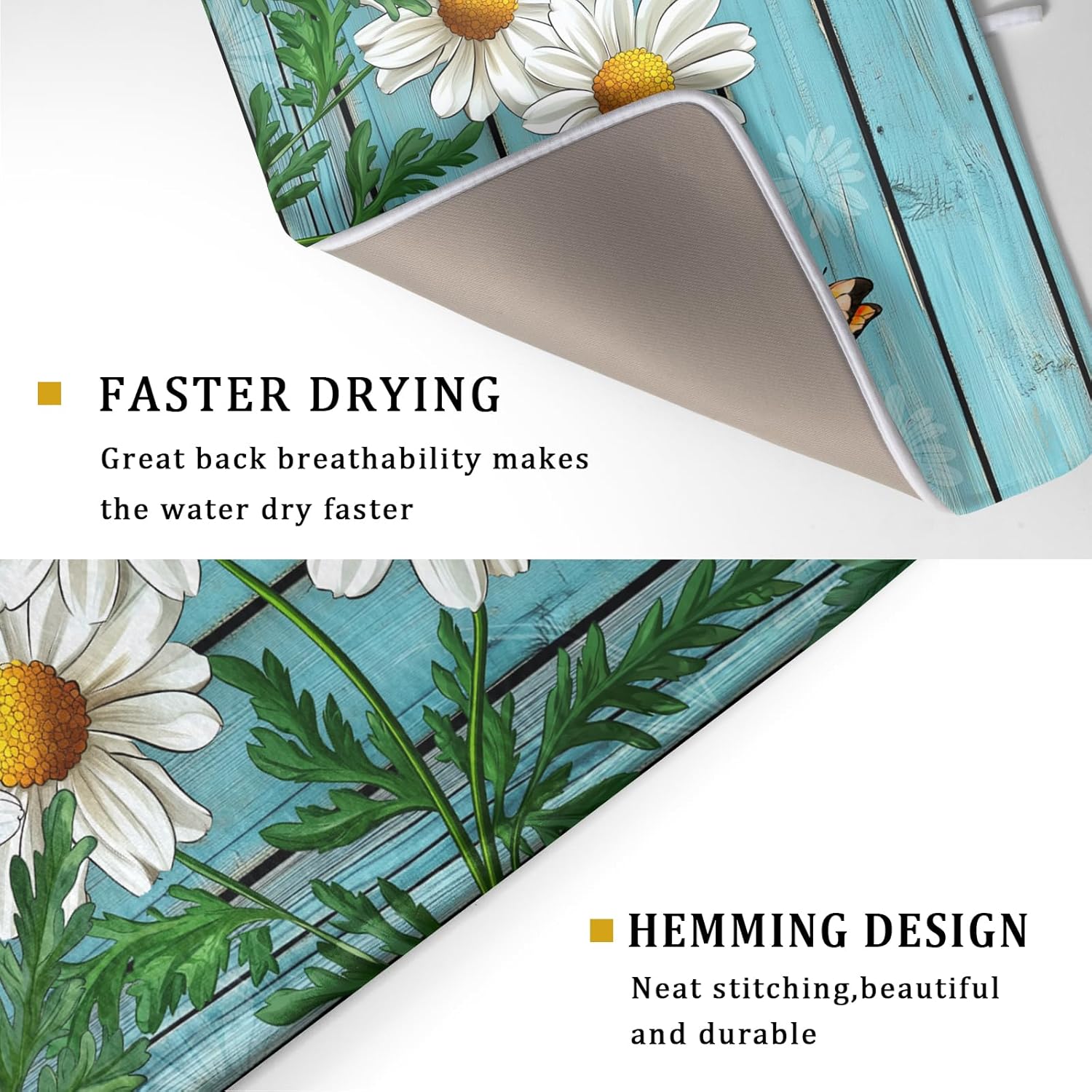Spring Summer Daisy Flowers Dish Drying Mat for Kitchen Counter 18”x24” Rustic Daisy Absorbent Dish Drying Mat Reversible Microfiber Dish Drainer Rack Fast Drying Mat for Countertops Tableware Decor
