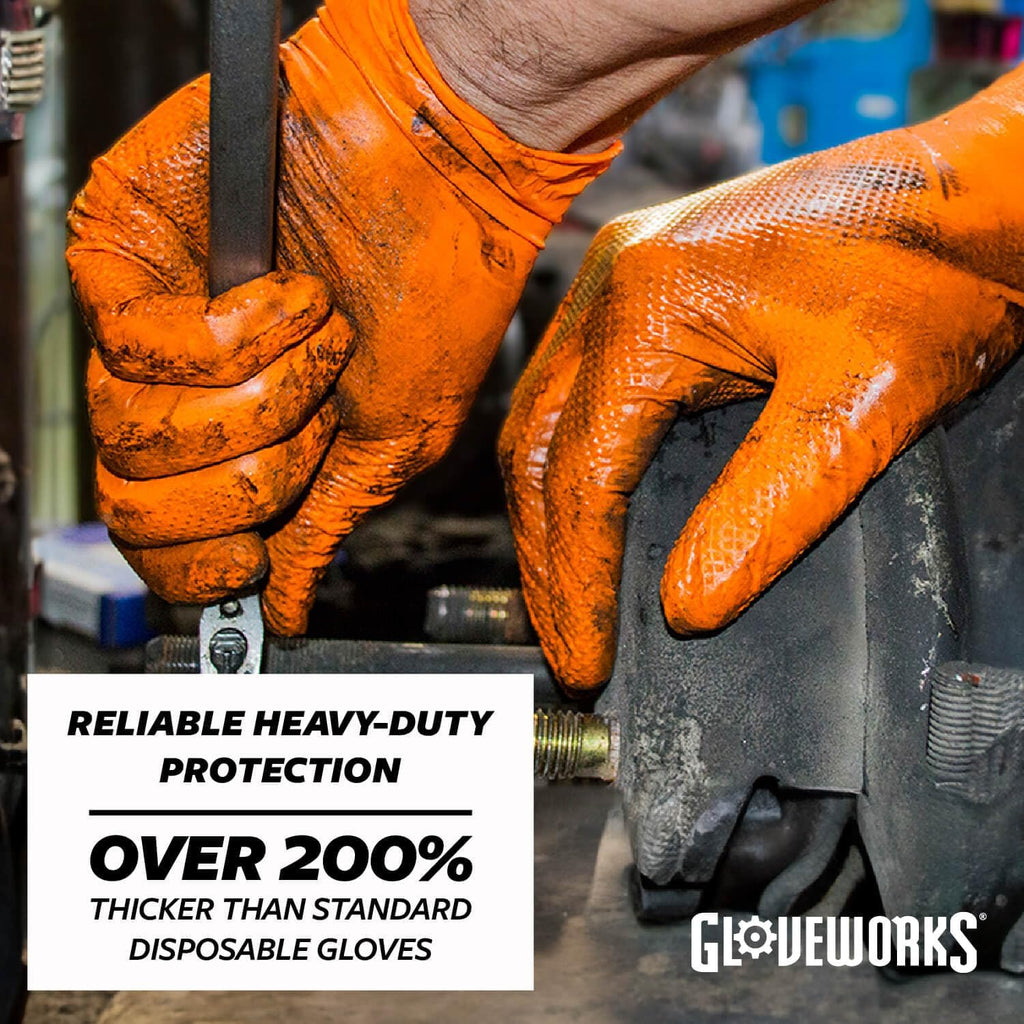 GLOVEWORKS Heavy-Duty Nitrile Gloves, Disposable, Latex Free, 8 Mil, Orange, Diamond Grip Glove