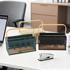 Utensil Caddy Metal Mesh Silverware Cutlery Organizer Basket with Bamboo Handle, Multi-Purpose Steel Wire Caddy 6 Compartment Flatware Basket for Kitchen, Countertop, Picnic, Restaurant, White