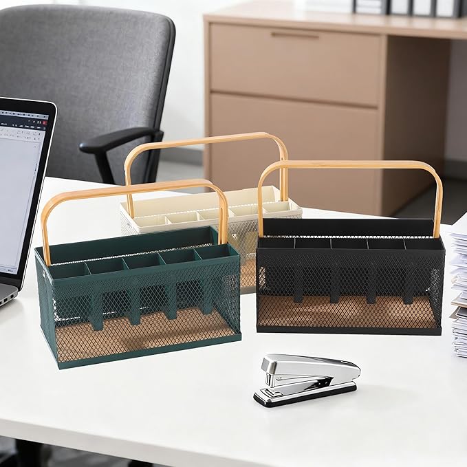 Utensil Caddy Metal Mesh Silverware Cutlery Organizer Basket with Bamboo Handle, Multi-Purpose Steel Wire Caddy 6 Compartment Flatware Basket for Kitchen, Countertop, Picnic, Restaurant, White