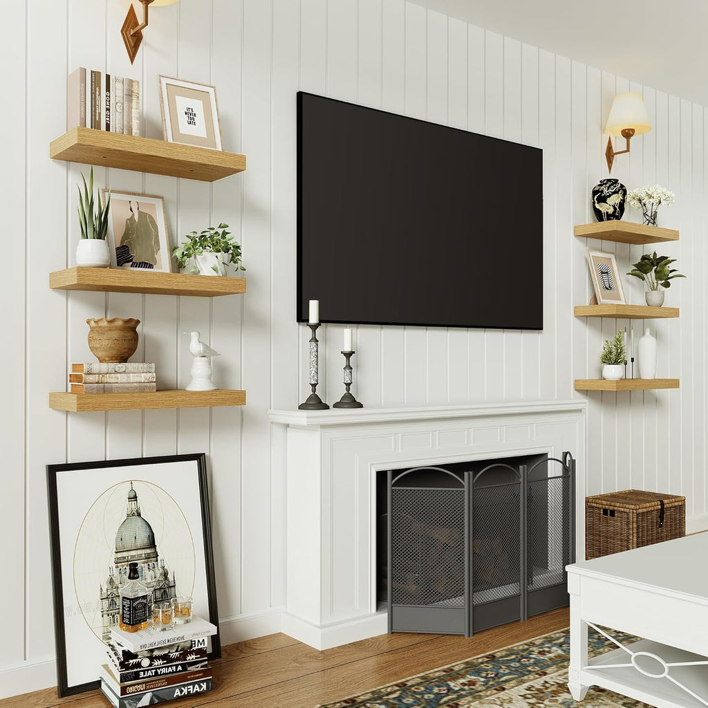 Vivelove Floating Shelves for Wall Mounted, 16 inchs Shelf for Small Bathroom, Bedroom, Living Room, Kitchen, Modern Home Decor, Rustic Farmhouse Wall Shelves with Invisible Brackets - Set of 2, Oak