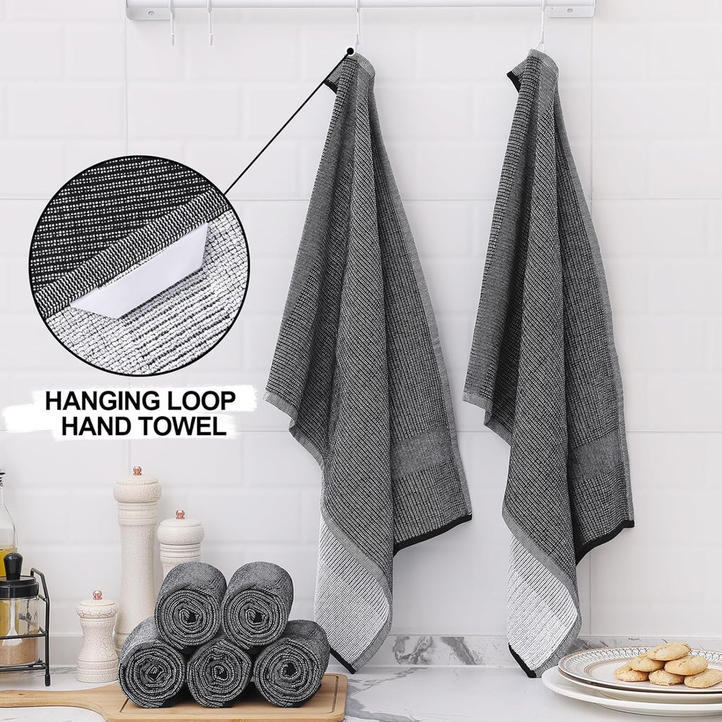 Homaxy Premium Kitchen Towels(18”x 28”, 8 Pack), Large Cotton Kitchen Hand Towels, Flat and Terry Dish Towels, 380 GSM Highly Absorbent Tea Towel Set with Hanging Loop, Black