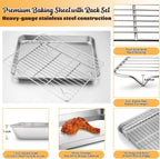 Stainless Steel Baking Sheet with Rack Set, E-far 12.4”x9.7” Cookie Sheet Broiling Pan for Oven, Rimmed Metal Tray with Wire Rack for Cooking/Baking/Cooling/Bacon, Non-toxic & Dishwasher Safe