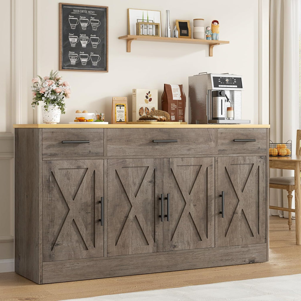 Vongrasig 53" Large Sideboard Buffet Cabinet With 4 Doors and 3 Drawers, Farmhouse Coffee Bar Kitchen Storage Cabinet, Wood Table for Kitchen, Dining Room, Ash Grey