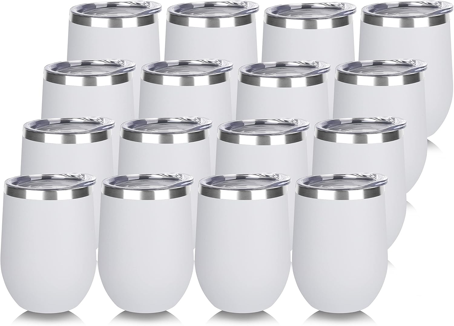 DOMICARE Stainless Steel Wine Tumbler Bulk with Lid, Personalized White Insulated Tumblers Set, 12oz Travel Coffee Cups Pack of 16