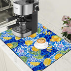 Lemon and Blue Tile Dish Drying Mat for Kitchen Counter Coffee Mat Hide Stain Absorbent Rubber Backed Dish Drainer Rack Pad Espresso Machine Coffee Bar Accessories 15.7 x 23.6 Inch