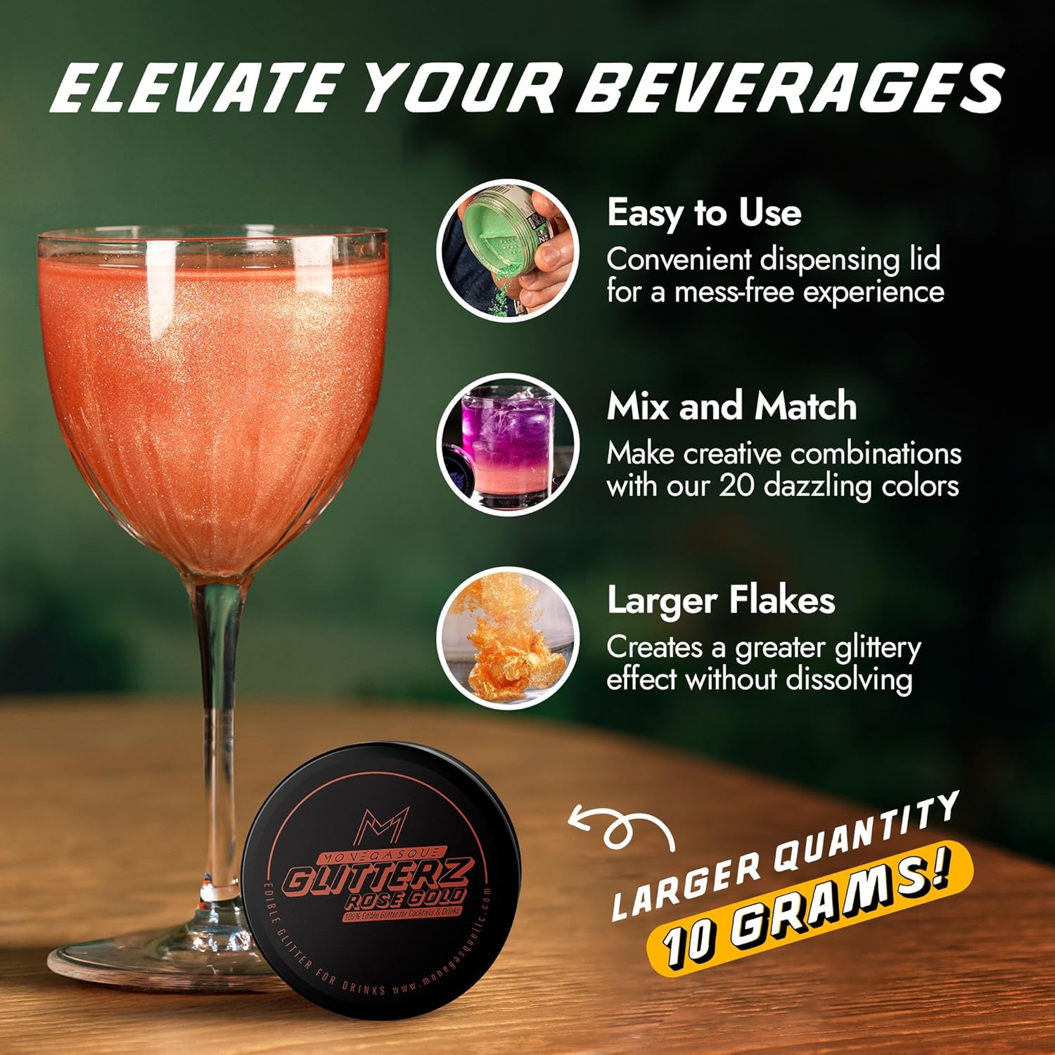 MONÉGASQUE Rose Gold Edible Glitter for Drinks 10g – Rose Gold Edible Glitter for Cakes – Halloween Chocolate, Cupcake, Strawberries, & Cake Decorations Sparkles – Cocktails & Drink Shimmer Powder