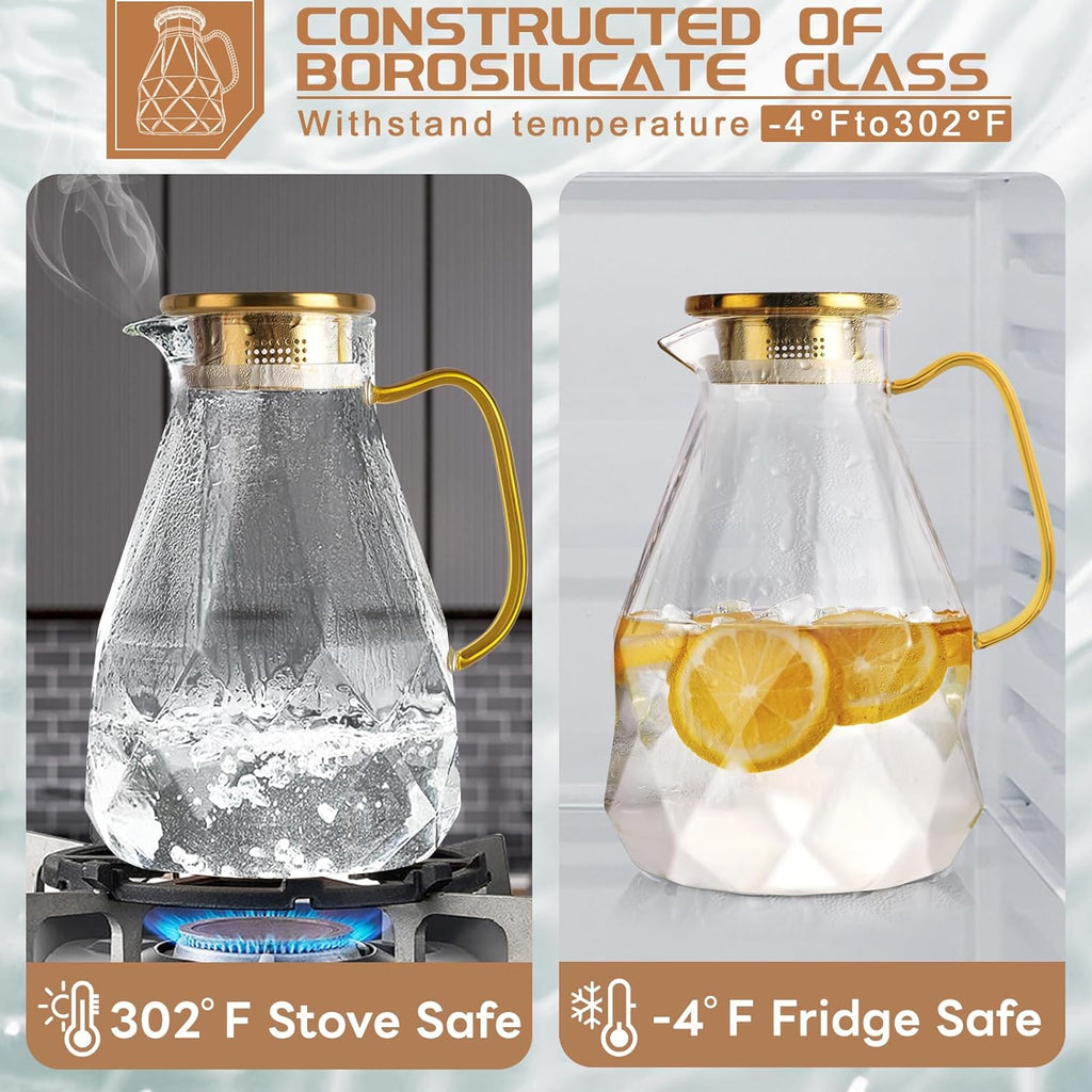 Yirilan 2.8 Liter Glass Pitcher with Lid, Transparent, Thermal Shock Resistant, Microwave Safe, Natural, 2.8L, Round, 6x12 Inches