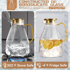Yirilan 2.8 Liter Glass Pitcher with Lid, Transparent, Thermal Shock Resistant, Microwave Safe, Natural, 2.8L, Round, 6x12 Inches
