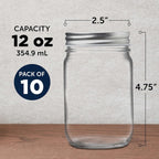 DISCOUNT PROMOS 10 Decorating Mason Jars Set, 12 oz. - Canning, Aluminum Lid - Clear