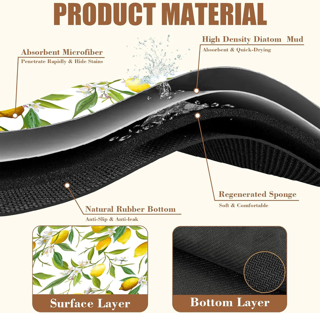Lemon Fruits Coffee Mat Absorbent Dish Drying Mat for Kitchen Counter Hide Stain Rubber Backed Coffee Bar Accessories Fit Under Espresso Machine, 15.7 x 23.6 Inch