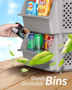 TidyFriend Stackable Storage Bins for Pantry, 4 Pack Stackable Bins For Organizing Food, Kitchen, and Bathroom Essentials (Light Grey)