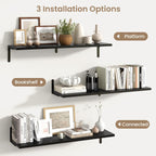Fun Memories Deep Floating Shelves, 36W x 8D Floating Shelves Set of 2, Wall Mounted Shelf with Metal Brackets, Rustic Wood Wall Shelf for Bathroom, Kitchen and Living Room, Black