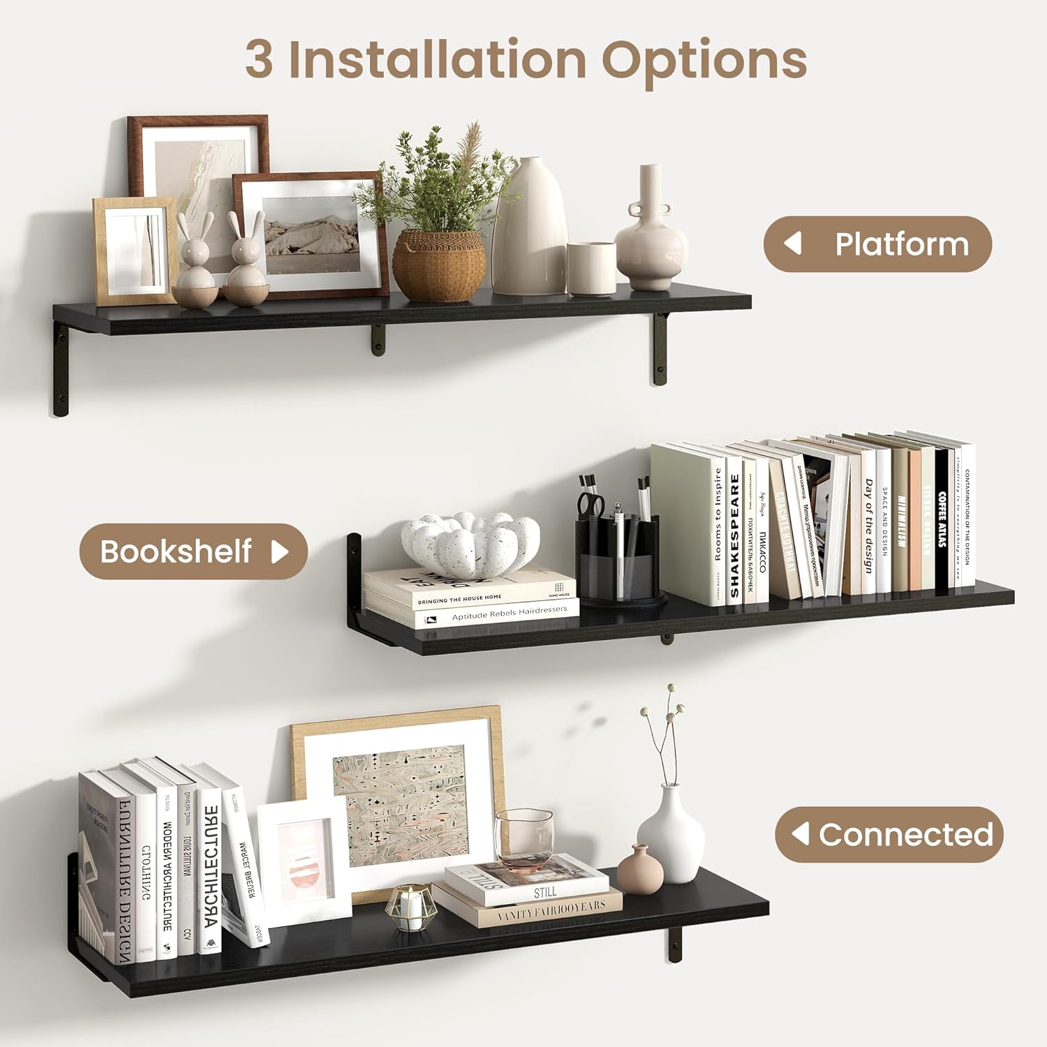 Fun Memories Deep Floating Shelves, 36W x 8D Floating Shelves Set of 2, Wall Mounted Shelf with Metal Brackets, Rustic Wood Wall Shelf for Bathroom, Kitchen and Living Room, Black