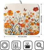 Fall Orange Wildflower Dish Drying Mat for Kitchen Counter,Autumn Floral Butterflies Drying Mat 16 x 18 Inch with Absorbent Reversible Microfiber Dish Drying Pad Dish Pad for Coffee Bar