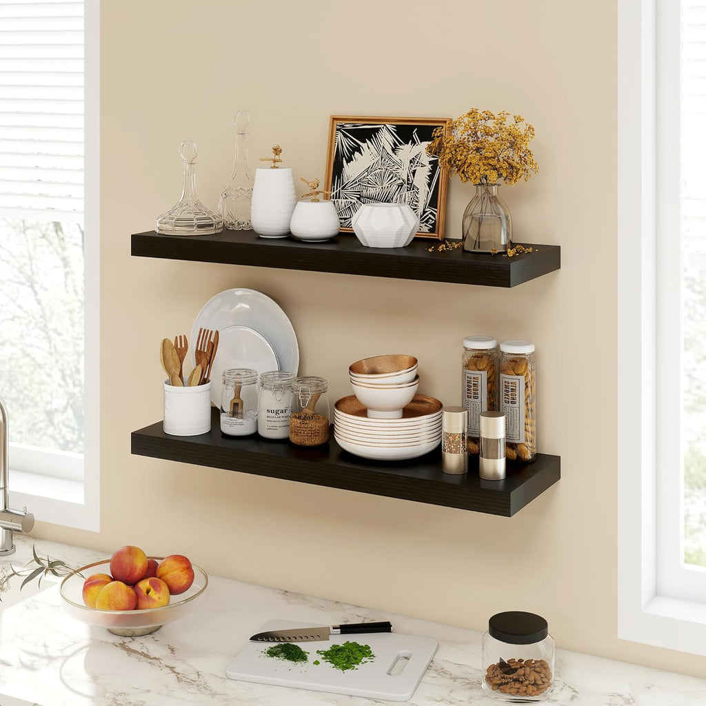 30 Inch Floating Shelves, 9.3" Deep Floating Shelf Wall Mounted, 30" Wall Shelves, Rustic Deep Bookshelf, Large Display Shelves & Storage Shelves for Bedroom, Living Room, Black, Set of 2