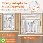 Silverware Organizer - Expandable Silverware Tray for Drawer, Adjustable Utensil Drawer Organizer for Forks, Knives, Kitchen Organizers and Storage, White