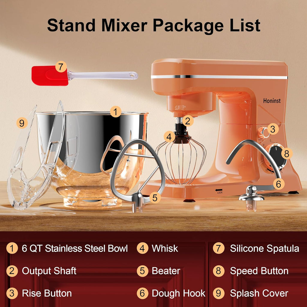 10-Speed Stand Mixer with 8-in-1 Splash Guard, Tilt-Head, 6QT Stainless Steel Bowl+Dishwasher-Safe Dough Hook/Whisk/Beater/Spatula for Baking Bread, Cakes, Cookies, Orange