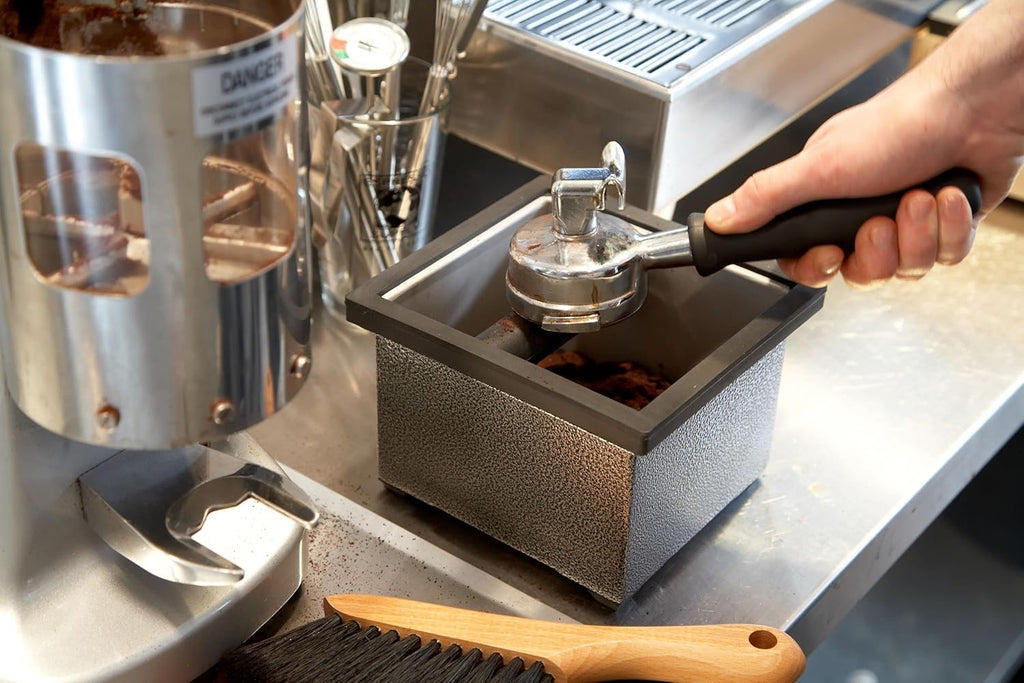 Rattleware Knock Box Holder For Home, Cafe, Restaurant, Hotel, Office, or Commercial Establishment - Heavy Duty Knock Box Holder Trusted By Baristas Worldwide - Stainless Steel (6" x 5.5" x 4")