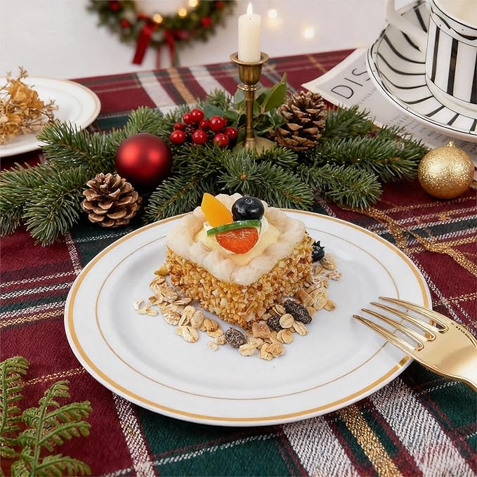 WELLIFE 144Pcs Gold Dessert Plates, 7.5 Inch Plastic Appetizer plates, Heavy Duty plastic Party Plates, White and Gold Plastic plate for Party and Wedding