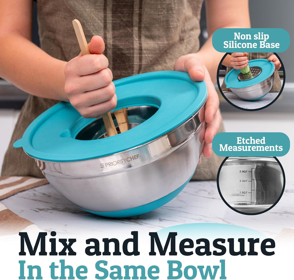 Priority Chef Stainless Steel Mixing Bowls with Lids Set - Premium 30Pcs with 6pc Metal Bowl Set for Kitchen, 3 Graters, Airtight Lids, Non-Slip Bases & Silicone Utensils, Turquoise
