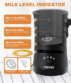 4-in-1 Electric Milk Frother and Steamer - Versatile & Quiet Foam Maker with Automatic Shut-Off - Perfect for Lattes, Cappuccinos, Macchiato - Large 350ml Capacity for Home Baristas (Black2)