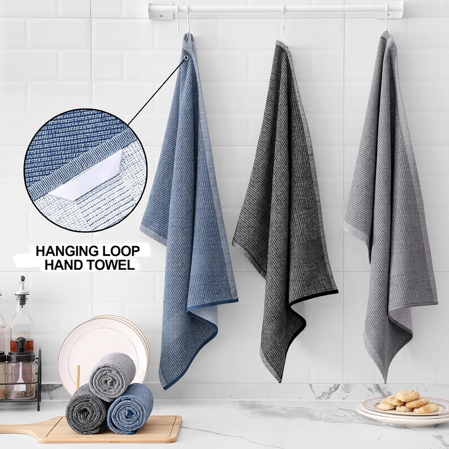 Homaxy Premium Kitchen Towels(18”x 28”, 6 Pack), Large Cotton Kitchen Hand Towels, Flat and Terry Dish Towels, 380 GSM Highly Absorbent Tea Towel Set with Hanging Loop, Navy Blue/Grey/Black
