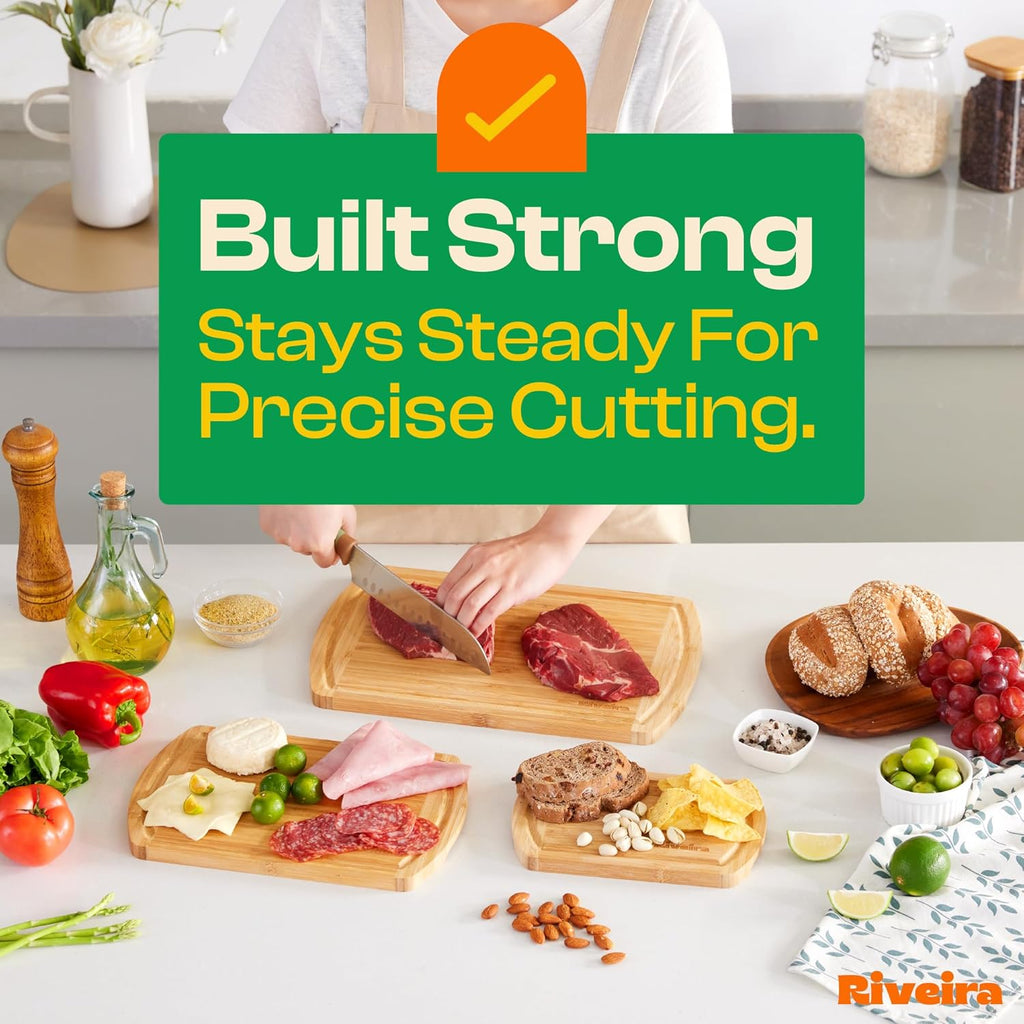 Riveira Two Tone Bamboo Wood Cutting Board – Gourmet Bamboo Grandeur: 8 x 8 Wooden Cutting Board – Wooden Cutting Boards For Kitchen Decorative – Innovative Juice Grooves Wooden Chopping Board